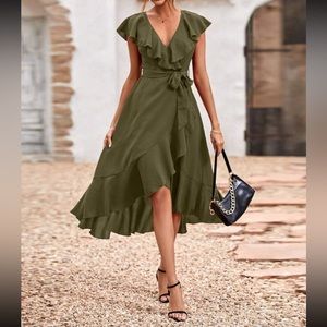 Boho olive green ruffle hem belted midi dress